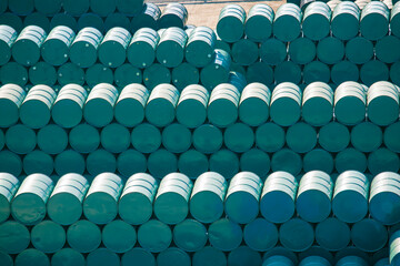Fototapeta premium Top view Oil barrels green or chemical drums horizontal