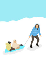 Woman pulling two children on sled