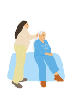 Woman braiding elderly woman's hair