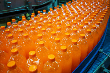 Beverage factory interior. Conveyor flowing with bottles for juice