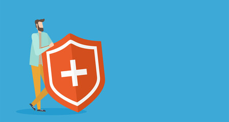 Obraz premium Immune system vector icon logo. Protection against bacteria health viruses. Medical prevention of human germs. A healthy mans and womans stand behind a shield and repel an attack of bacteria