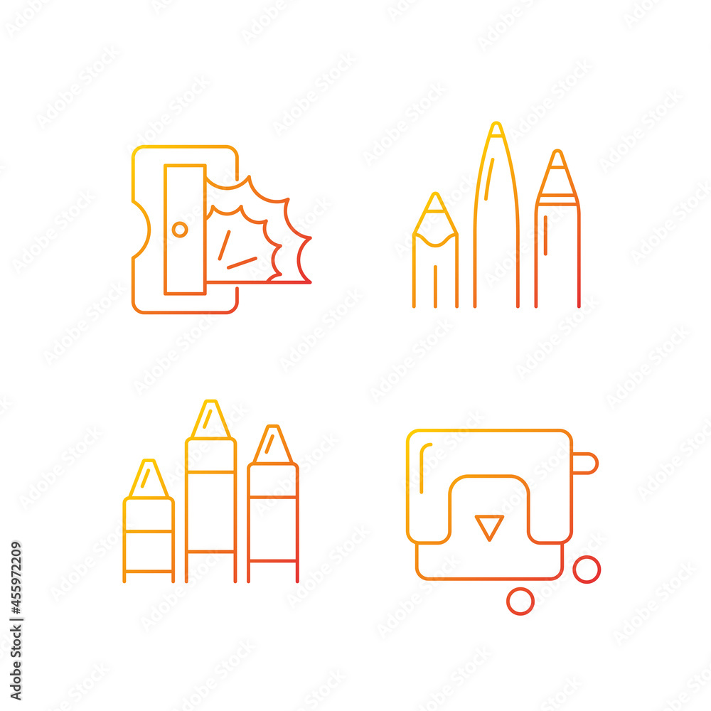 Poster painter essentials gradient linear vector icons set. pens and pencils. prism sharpener. colored cray