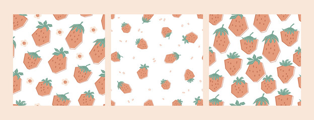 Fototapeta na wymiar Set patterns with big and small strawberries in pastel colors. Background with summer berries. Illustration in flat style for kids of clothing, textiles, wallpaper. Vector