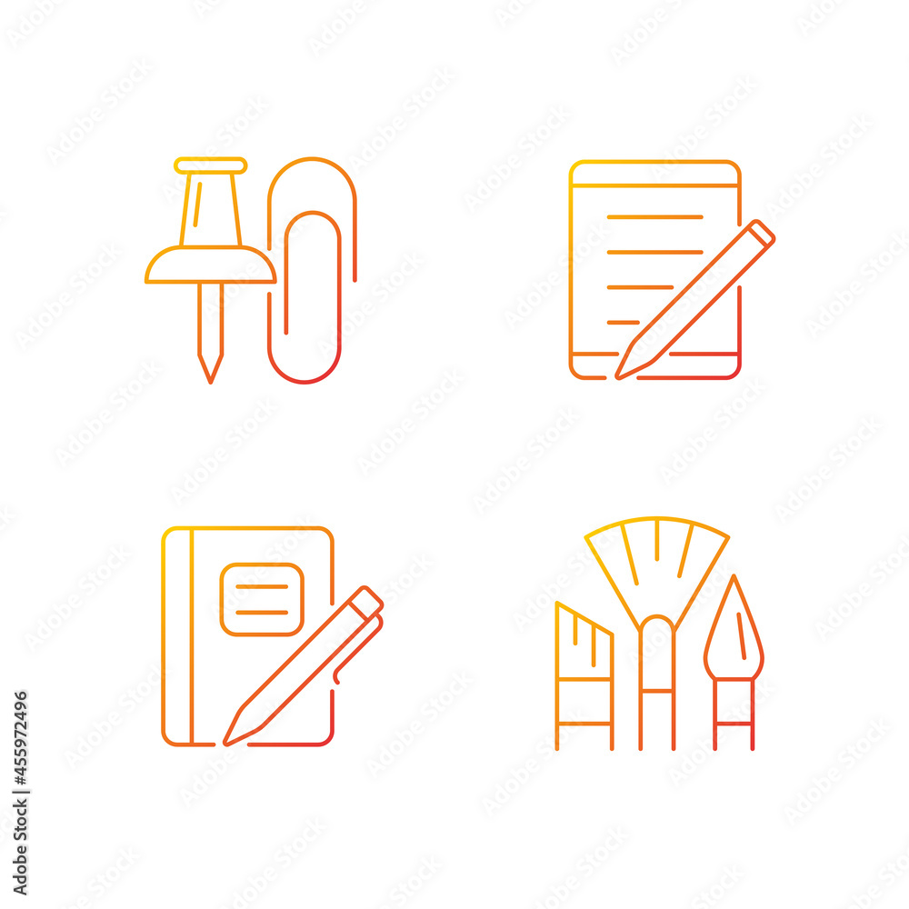 Poster school stationery gradient linear vector icons set. pins and paper clips. tablet computer. graph com