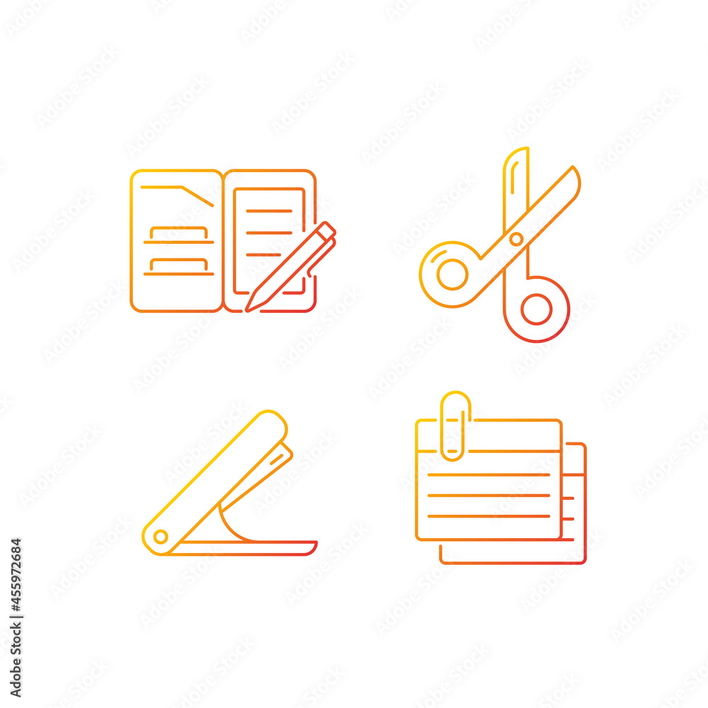 Poster office stationery supplies gradient linear vector icons set. portfolio folder. scissors. stapling de