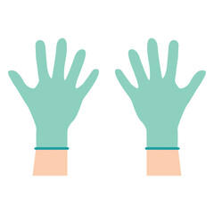 Hands putting on protective blue gloves. Latex gloves as a symbol of protection against viruses and bacteria. Precaution icon. Vector illustration flat design. Isolated on white background.