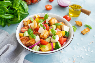 Panzanella salad, Italian bread and fresh vegetable salad. Copy space.