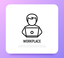 Workplace, man with laptop. Thin line icon. Modern vector illustration.