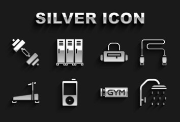 Set Music player, Jump rope, Shower head, Location gym, Treadmill machine, Sport bag, Dumbbell and Locker changing room icon. Vector