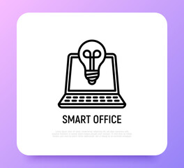 Smart office thin line icon, open laptop with bulb. Modern vector illustration.