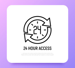 24 hour access thin line icon, clock in arrows. Modern vector illustration of day and night service.