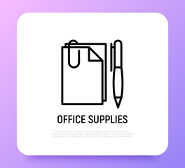 Office supplies, paper, pen and clip. Modern vector illustration of stationery.