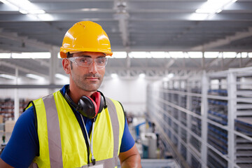 Portrait serious male worker in protective eyewear and hard-hat in factory