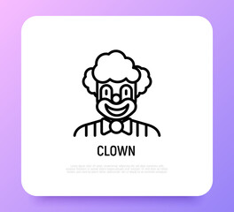 Funny clown for kids party thin line icon. Modern vector illustration, logo for entertainment show.