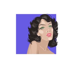 fashion art illustration of young trendy stylish sexy brunette with bright makeup on color print background. High quality 