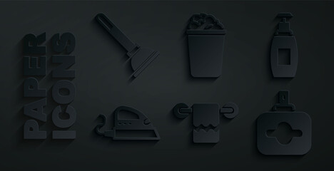 Set Towel on a hanger, Bottle of liquid soap, Electric iron, Perfume, Bucket with suds and Rubber plunger icon. Vector