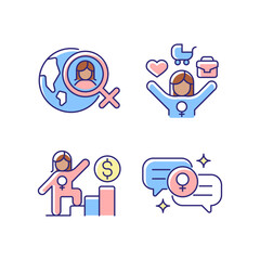 Fototapeta premium Mainstream feminism RGB color icons set. Women rights movement across globe. Full-time working mom. Career ladder. Female bonding. Isolated vector illustrations. Simple filled line drawings collection