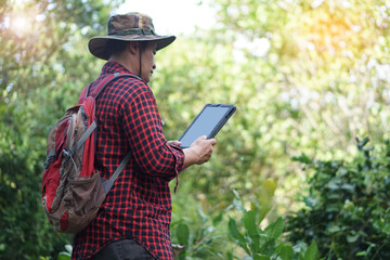 Asian male backpack hiker travel alone in forest , survey and collect information of botanical plants by using smart tablet. Concept :  backpacking tourism, adventure, Environment field research. 