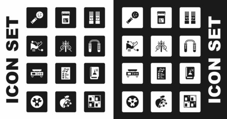 Set Medical rubber gloves, Experimental insect, Prosthesis hand, Microorganisms under magnifier, Test tube flask, Jar with additives, Genetic engineering book and Electronic scales icon. Vector