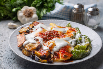 Turkish style mixed vegetable fried with yoghurt (Yogurtlu Karisik Kizartma)