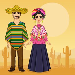 Animation portrait of the Mexican family in ancient clothes. Full growth. A background - a landscape the desert a cactus. Vector illustration.