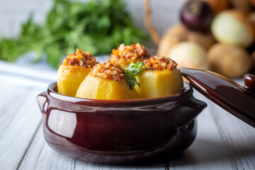 Traditional delicious Turkish food; stuffed potatoes (Turkish name; Patates dolmasi)