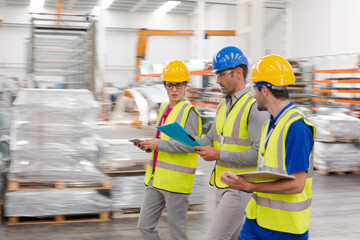 Workers talking in steel factory