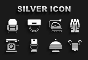 Set Toilet bowl, Bathrobe, paper roll, Covered with tray, Telephone handset, Electric iron, Armchair and Bellboy hat icon. Vector