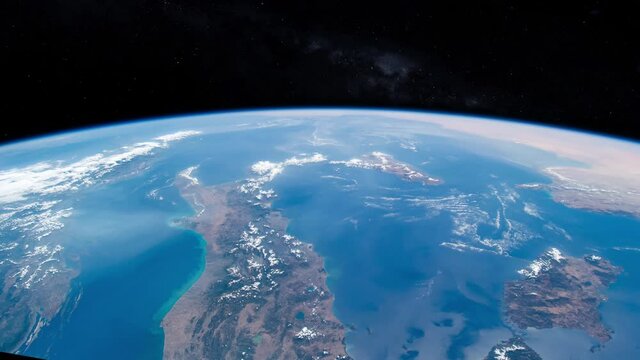 Flying over mediterranean sea, Italy and Sardinia and Sicily islands, view from orbit satellite time lapse animation. Images furnished by Nasa