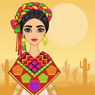 Animation portrait of the young Mexican girl in ancient clothes. A background - the desert with cactus. Vector illustration. Card,  poster,  invitation, the place for the text.