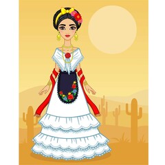 Fototapeta na wymiar Animation Mexican girl in a festive dress. Background desert.