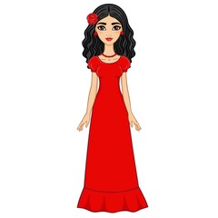 Animation Spanish girl in a red dress. Isolated on a white background.