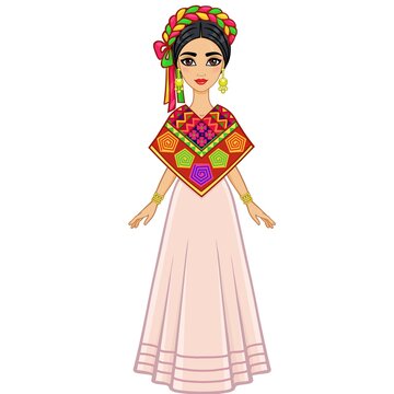 Animation portrait of the young beautiful Mexican girl in ancient clothes. Full growth. The vector illustration isolated on a white background.