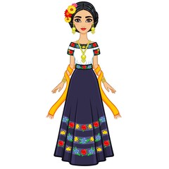 Animation portrait of the young beautiful Mexican girl in ancient clothes. Full growth. The vector illustration isolated on a white background.