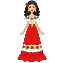 Animation portrait of the young beautiful Mexican girl in ancient clothes. Full growth. The vector illustration isolated on a white background.