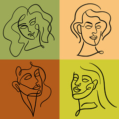 Set of female portrait with hair drawn in one continuous line.