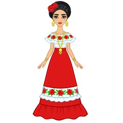 Animation portrait of the young beautiful Mexican girl in ancient clothes. Full growth. The vector illustration isolated on a white background.