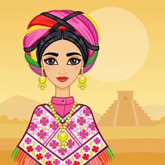 Animation portrait of the young beautiful Mexican girl in ancient clothes.  Background - a mountain landscape, an Indian pyramid. Vector illustration.  Card, poster, place for the text.