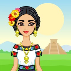 Animation portrait of the young beautiful Mexican girl in ancient clothes.  Background - a mountain landscape, an Indian pyramid. Vector illustration.  Card, poster, place for the text.
