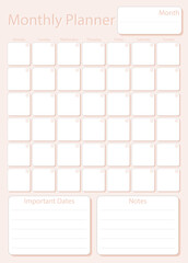 Monthly planner leaf in light pink color without dates, week starts on Monday, template, mock up calendar leaf illustration. Vector graphic page