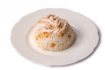 Traditional delicious Turkish food; Rice with chickpeas and chicken (Turkish name; Tavuklu nohutlu pilav or pilaf)