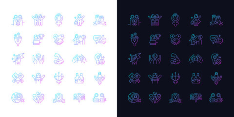 Feminism symbols gradient icons set for dark and light mode. Supporting equal rights for women. Thin line contour symbols bundle. Isolated vector outline illustrations collection on black and white