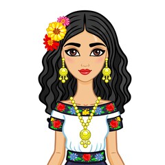 Animation portrait of the young beautiful Mexican girl in ancient clothes. The vector illustration isolated on a white background.