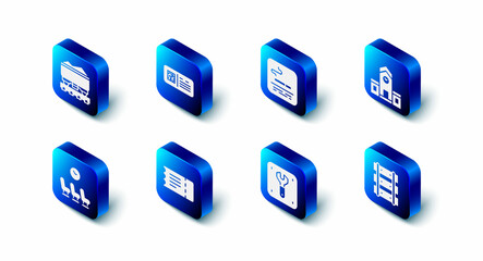 Set QR code ticket train, Smoking area, Railway station, Railway, railroad track, Repair of railway, Train, Waiting room and Coal wagon icon. Vector