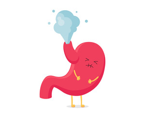 Cute cartoon stomach character fart. Digestive system bloating. Vector organ mascot unhealthy sick emotion. Abdominal pain isolated eps illustration
