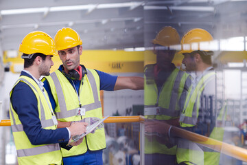 Supervisor and worker talking in steel factory
