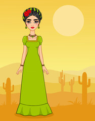 Mexican girl in the desert with cactus. High growth.
