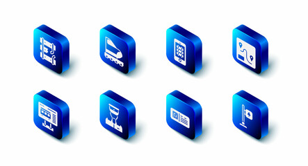 Set High-speed train, Buy ticket online, Route location, Road traffic signpost, QR code, Train conductor, Ticket office buy tickets and Broken rails railway icon. Vector