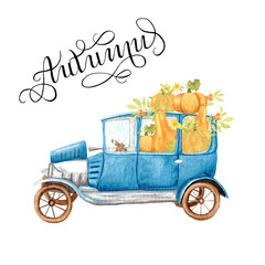 Watercolor retro blue car loaded with autumn pumpkins and branches with berries. Thanksgiving card with lettering Autumn.