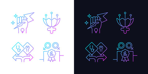 Women empowerment gradient icons set for dark and light mode. Female authority. Equal rewards. Thin line contour symbols bundle. Isolated vector outline illustrations collection on black and white